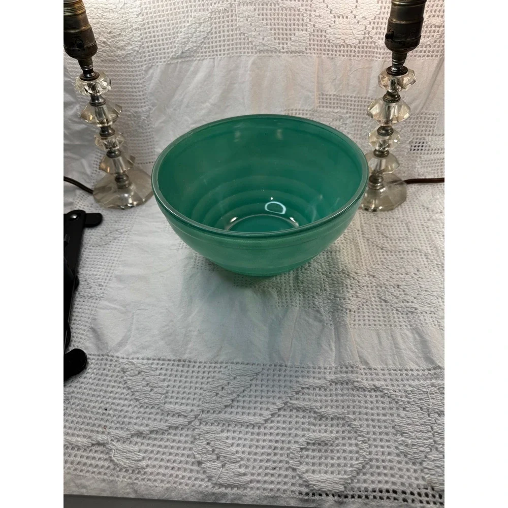 Vintage Bauer Ringware Jade Green Mixing Bowl Ceramic Ribbed Pottery Art Deco